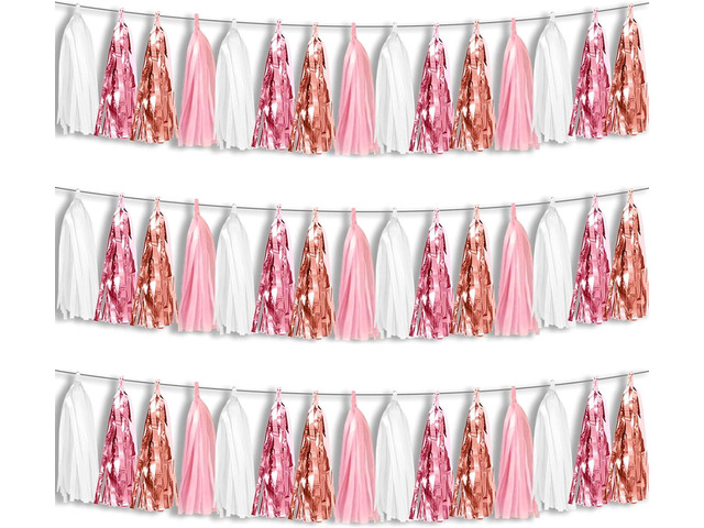 3P Pink White Peach Rose Gold Tassels Foil Fringe Metallic Garland Banner, Tassels Banner Streamers for Parade Floats, Bachelorette, Wedding,...