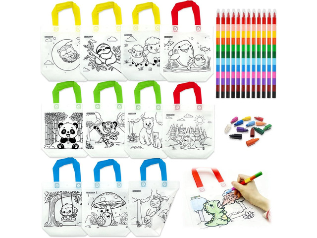 HahaMagic 12 Coloring Goodie Bags with 12 Crayons(12-in-1), Reusable Art Party Favors for Kids Classroom, Birthday Party, Craft Supplies, Mini Tote...