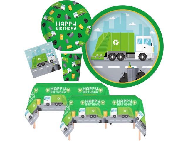 Oojami Garbage Truck Party Supplies Serves 24, Complete Birthday Tableware Set with Plates, Cups, Napkins & Table Covers for Kids Garbage Truck...