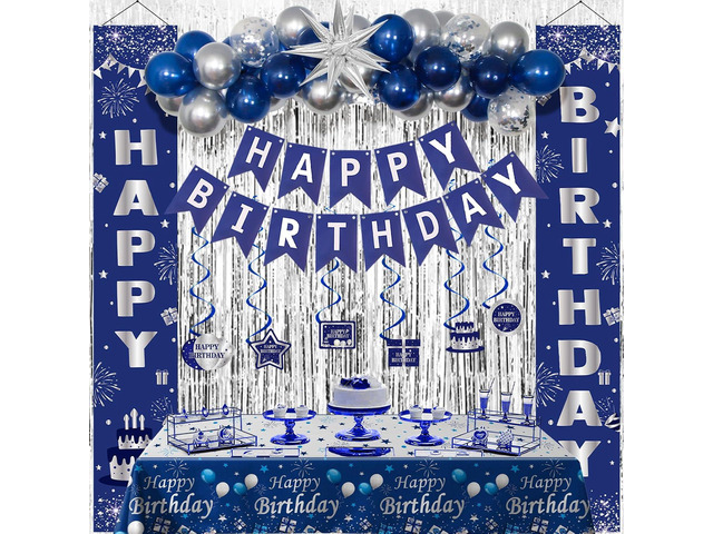 Blue Birthday Decorations for Men Women Boys, Happy Birthday Decorations Navy Blue and Silver, Happy Birthday Banner Balloons Tablecover Fringe...