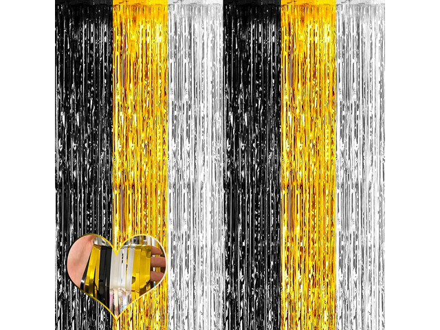 4 Pack 3.2Ft x 9.8Ft Black Gold Silver Fringe Curtain Backdrop, Metallic Tinsel Foil Fringe Streamers Curtains Background for Wedding Notorious One...