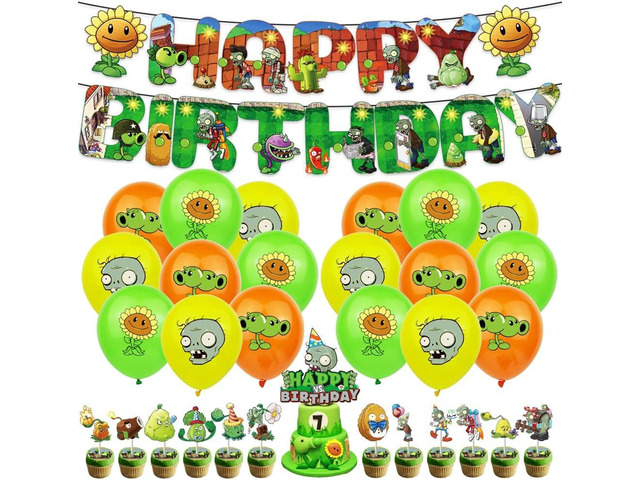 Plant vs. Zom-bies Party Backdrop Party Banner, Cake Topper, Cupcake Topper, Cup Cake Wrappers, Zombies Hanging Swirls and PVSZ Balloons for PVSZ...