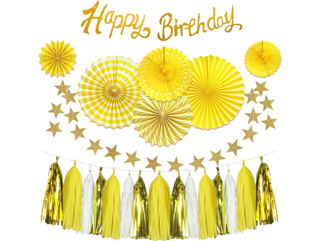 Yellow Birthday Decorations for Women - 33Pcs Yellow Party Decor for Girl with Banner & Hanging Paper Fans - Ideal for Baby Shower Honeybee...