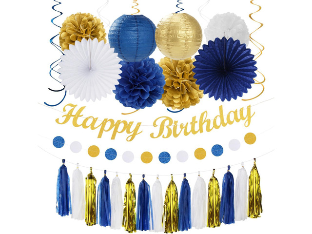 Royal-Navy Blue White Happy-Birthday Party-Decorations - 31pcs Men Women Boys Girl Paper Lanterns Streamers Banner,Gold Tissue Flowers Pom Poms...