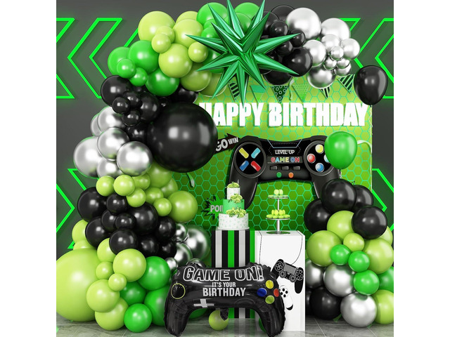 Video Game Balloon Arch Garland Kit, Green Black Silver Party Balloons with Game Handle Foil Balloons for Video Game Theme Birthday Party Boys...
