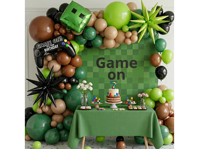 Video game Balloon garland kit 135pcs Green and Black brown Controller balloon arch Gamer night Decorations For boy gaming birthday party supplies