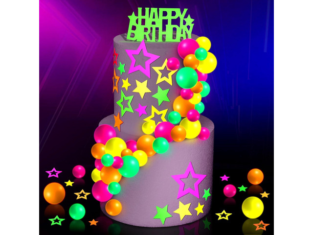 Wonderjune 57 Pcs Neon Cake Decorations Cake Toppers Let's Glow Party Theme Decor for Glow in the Dark Neon Blacklight Party Supplies and...