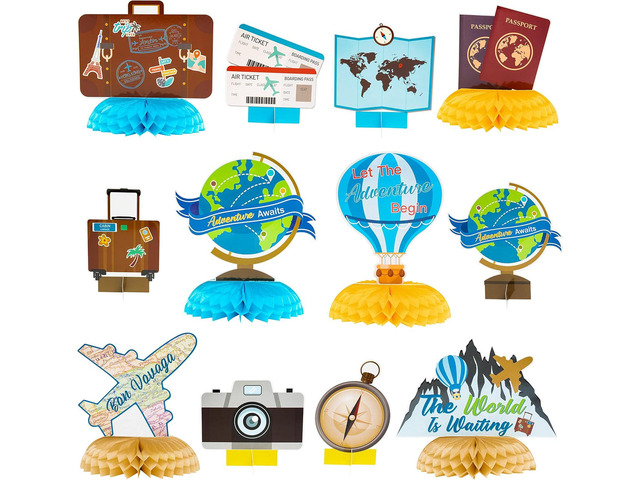 12Pcs Travel Themed Honeycomb Centerpieces Table Toppers Adventure Awaits Party Decor Travel Around The World Bon Voyage Table Decor Photo Props...