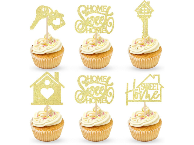 30PCS Sweet Home Cupcake Toppers - Gold Glitter Key House Warming Gifts New Home Party Decoration Housewarming Cake Picks New Home Theme Cake Party...