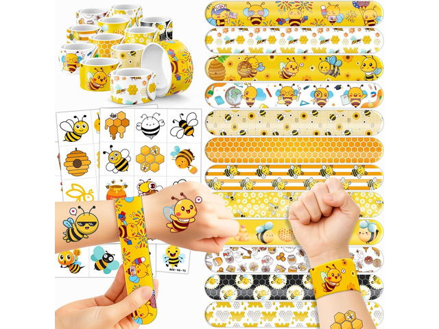 72PCS Bee Party Favors - 48PCS Pre-cut Tattoos & 24PCS Slap Bracelets - Honey Bee Birthday Supplies, Baby Shower Decorations, Classroom Prizes,...