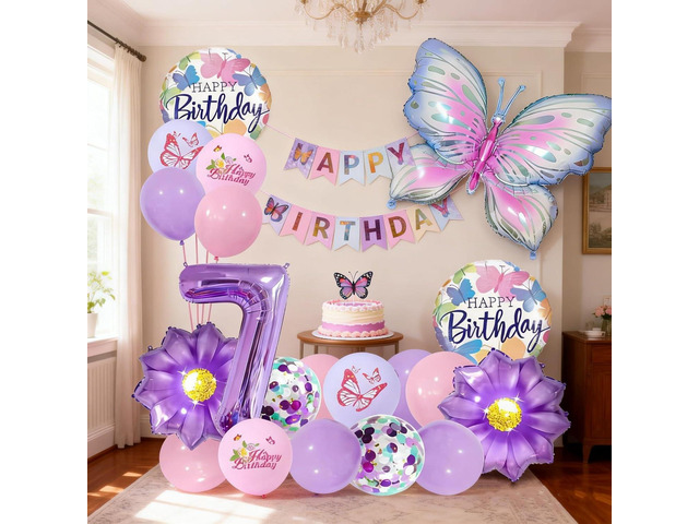 7th Butterfly Birthday Balloon Decorations Birthday Decorations for Girls 7th Butterfly Theme Birthday Party Decoration Supplies (20Pcs purple 7)