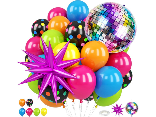 Neon Balloons, 80s 90s Disco Hot Pink Blue Green Orange Yellow Neon Dot Balloons with Star and Disco Ball Foil Balloons for 80s 90s Rock Theme Diso...