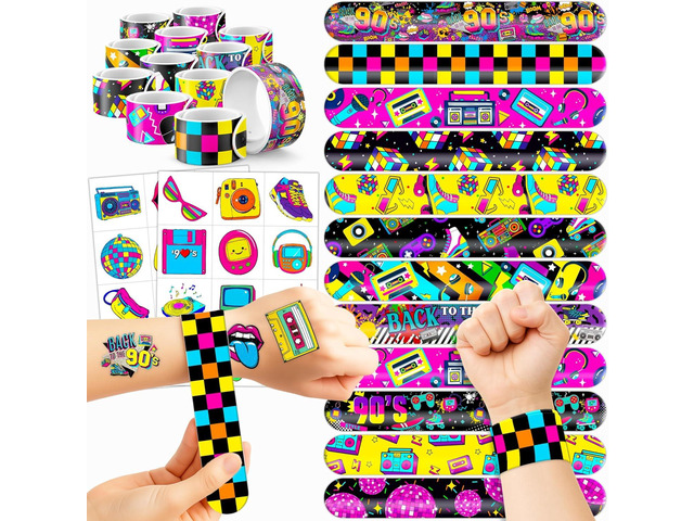 72PCS 90s & 80s Party Favors - 48PCS Pre-Cut Tattoos & 24PCS Slap Bracelets, Retro 90s Birthday Party Supplies Decorations, Ideal for Kids...