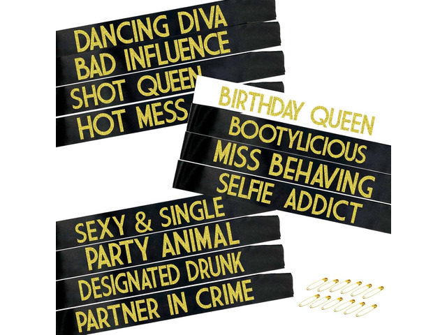 12 Pack Queen Sashes for Women - Birthday Squad Sash Set, Funny Gifts Sashes for Women's Birthday Party Supplies (Black + White + Gold Glitter...