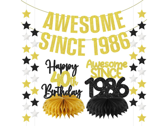 Zirtorei 40th Birthday Decorations Awesome Since 1986 Banner for Men Women, 4Pcs Black Gold 40 Birthday Hanging Sign Party Supplies, Forty Year Old...
