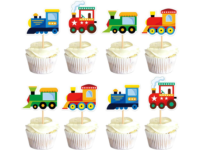 Ercadio 36 PCS Train Cupcake Toppers Picks Vintage Train Birthday Decorations Cake Decor Retro Transportation Railroad Crossing Sign Themed Party...