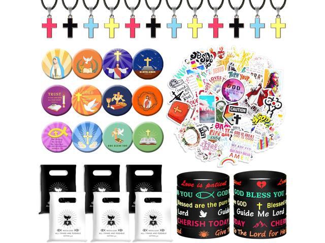 BANBALLON 98 PCS Bible Verse Party Favors, Jesus Party Favors Cross Necklace Goodie Bags with Stickers, Rubber Bracelets, Button Pins and Bags for...