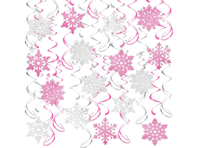 32 Pcs Pink Silver Glitter Snowflake Hanging Swirls Decoration Christmas Ceiling Decorative Streamers Snowflake Ornaments Garland Winter Holiday...