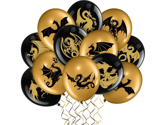 Zomiboo 50 Pcs Dragon Theme Party Balloons 12 Inch Black Gold Latex Balloons for Dragon Birthday Decorations Medieval Fantasy Birthday Party...