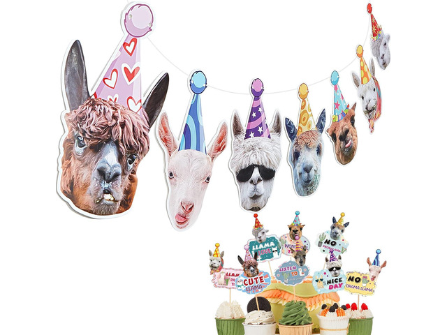 25 Pcs Llama Birthday Banner Garland Funny Decorations Include 1 Pcs Garland and 24 Alpaca Face Cake Cupcake Topper Llama Birthday Decorations...