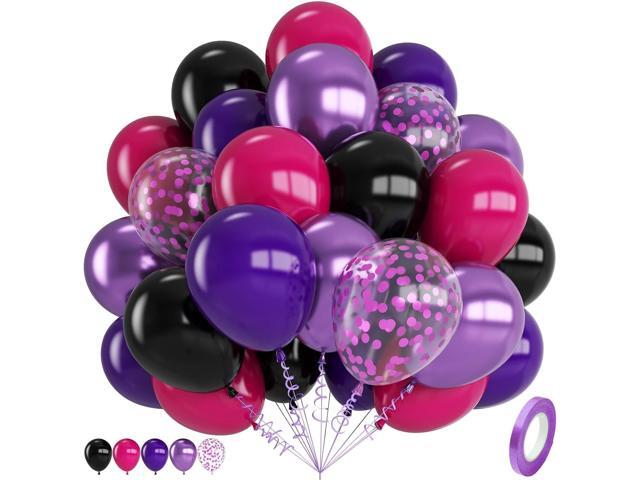 Black Purple Balloons, 12 Inch Hot Pink Black Party Balloons, Metallic Purple Black Hot Pink Matte Purple Latex Balloon with Confetti Balloon for...