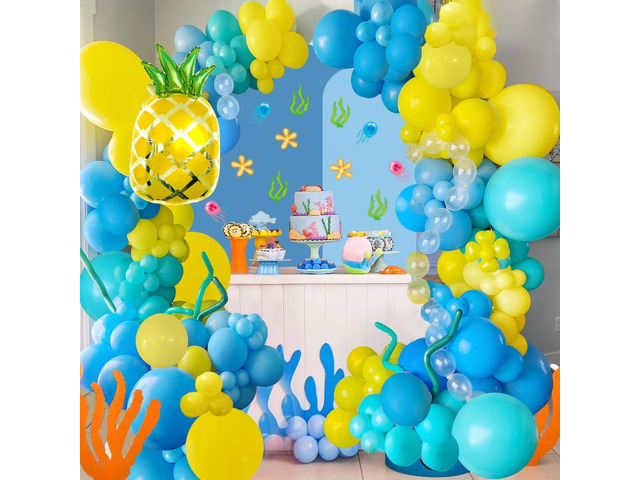 144pcs Cartoon Sponge Balloons Party Decorations,Sponge Theme Balloon Garland Arch Kit, Yellow Blue Clear Balloon Arch For Cartoon Sponge Birthday...