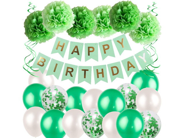 Green Birthday Decorations Kit - HAPPY BIRTHDAY Banner, Spiral Charm, Paper Flower Ball and Balloons for Boys and Gilrs Birthday Party