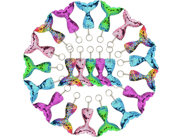 FEPITO 20 PCS Glitter Mermaid Tail Keychains for DIY Projects and Crafts, Mermaid Sequins Keychains Under The Sea Birthday Party Supplies Gifts