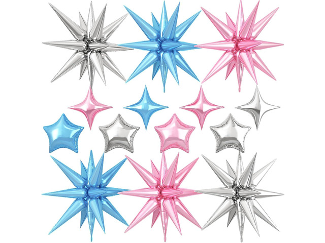 14pcs Pink Blue Silver Star Balloons, Mixed Star Foil Balloon, 22Inch Explosion Stars Balloons with 10Inch Stars Shaped Balloon, for Birthday...