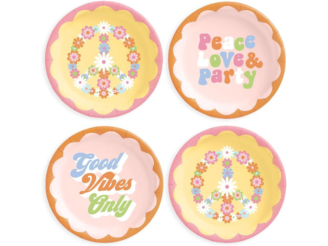 xo, Fetti Groovy Paper Plates - 24 pk, 9' Happy Pastel Birthday Party Decorations, 70s Baby Shower, Cool Peace Cake Plates