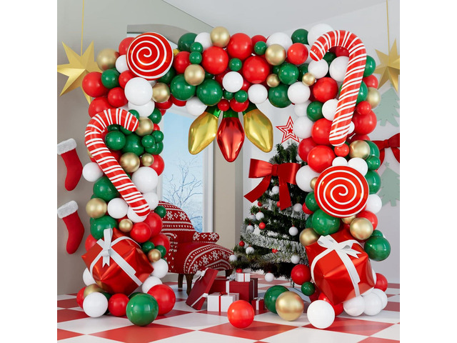 DBKL Balloons 152Pcs Garland Kit for Christmas, Red, White, Green, Gold, Candy Cane, Gift Box, Light Bulb Foil Balloons, Decorations, Party Supplies