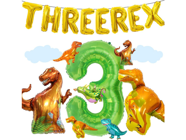 16Pcs Three Rex Balloons, Three Rex Birthday Party Decorations Boy Dinosaur 3rd Birthday Party Supplies Include Three Rex Balloon Dinosaur Foil...