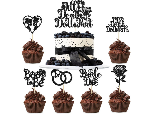 25Pcs Halloween Bachelorette Cupcake Toppers Till Death Do Us Part Cake Topper Black Glitter Happy Halloween Cake Decorations Halloween's Day Theme...