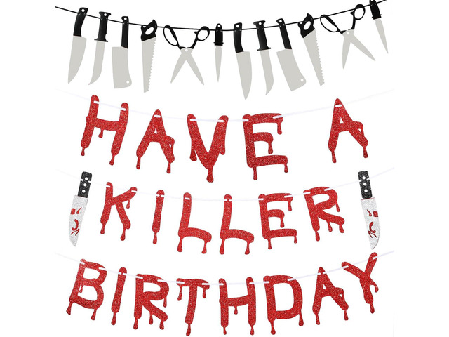 4 Pcs Have A Killer Birthday Banner Halloween Party Decorations Knife Hanging Banner for Halloween Horror Themed Birthday Supplies