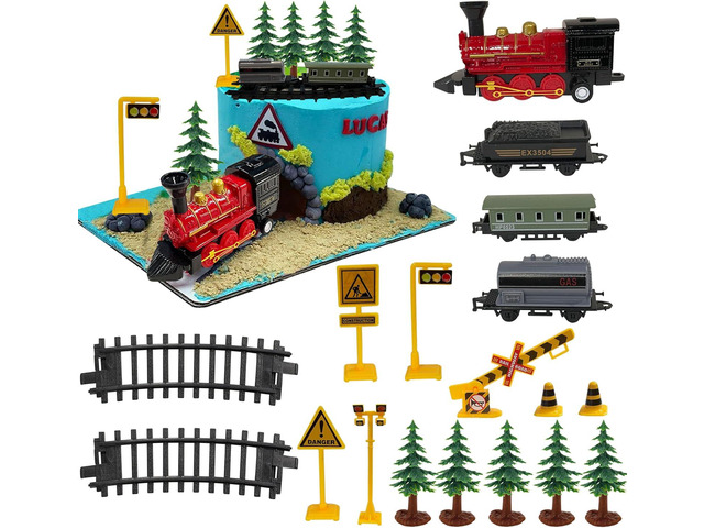 18PCS Train Cake Decorations and Toppers for Birthday Party Supplies - Railway Steam Theme Party Decorations With Track and Traffic