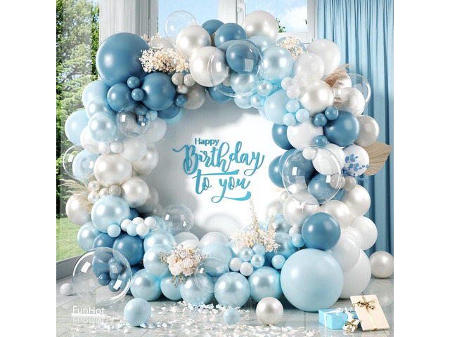 FunHot Dusty Blue Balloon Arch Kit, Double Stuffed Pearl White Pastel Blue Balloon Garland Kit with Clear Balloons for Boys Baby Shower Gender...