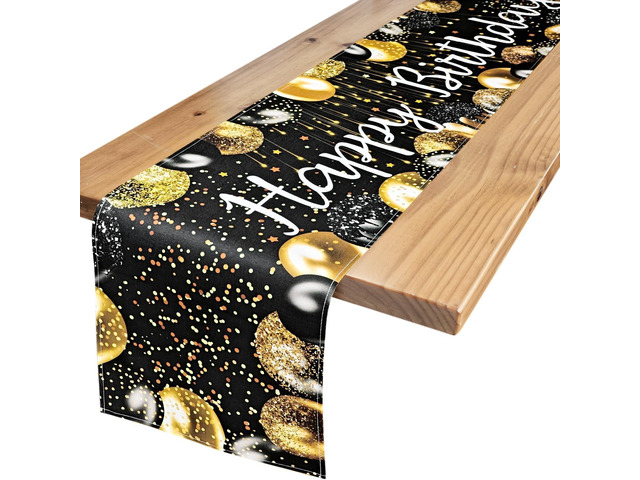 Letjolt Happy Birthday Table Runner 1920s Birthday Party Decorations Black and Gold Vintage Style Linen-Like Fabric 72 Inches
