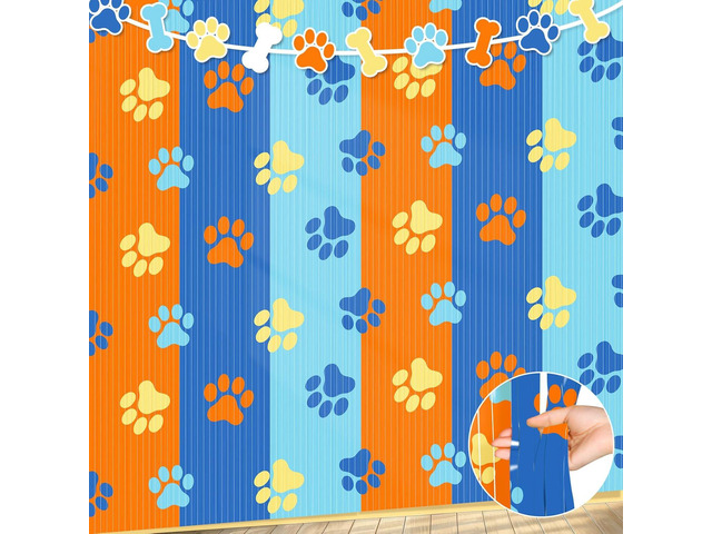 WovWeave 2 Packs Dog Fringe Curtains 3.3 x 6.6 ft Dog Paw Foil Fringe Backdrop Orange Light Blue Tinsel Streamers for Baby Shower Birthday Party...
