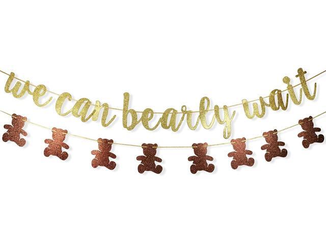 We Can Bearly Wait Glitter Banner, Baby Shower Decorations, Gender Reveal Party Supplies for Teddy Bear Theme Garland (Gold and Brown)