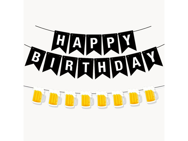 Beer Birthday Banner With Mug Pennant - Black and White Happy Birthday Decorations for Men and Women