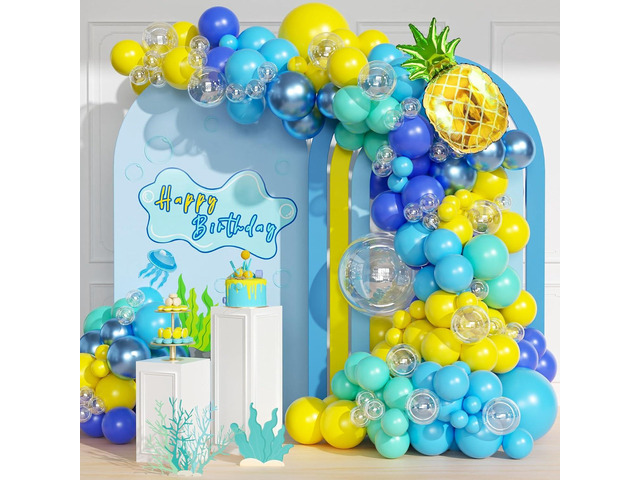 147pcs Cartoon Sponge Balloon Arch Kit - Birthday Decorations With Yellow, Blue, Clear, Metallic, Teal Balloons and Pineapple Balloon For Cartoon...
