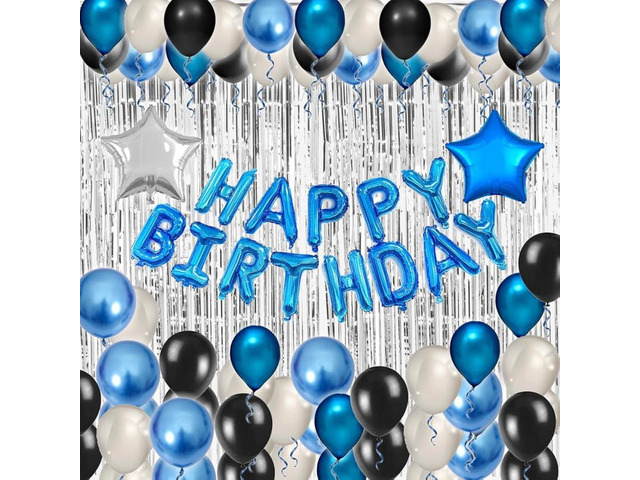 Blue Black Birthday Party Decorations Kit for Men 49 Pieces, Happy Birthday Banner, Fringe Curtains, Foil Star & Balloons Party Décor for Men Boys...