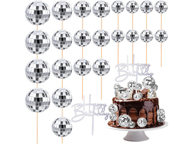 Teenyyou 24 Pcs Disco Ball Cupcake Toppers Happy Birthday Cake Topper 1970s Retro Cake Decorations Shiny Pink Mini Disco Ball Toppers for 70s 80s...