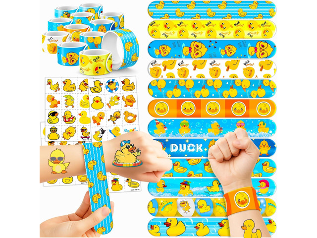 72PCS Duck Party Favors - 48PCS Pre-cut Temporary Tattoos & 24PCS Slap Bracelets - Cute Birthday Party Supplies, Decorations, Baby Shower Gifts,...