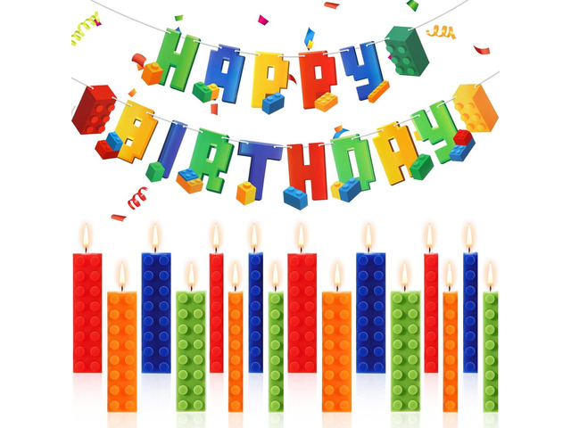 Sosation 32 Pcs Building Block Party Supplies Building Block Birthday Banner Candles Block Party Centerpiece Happy Birthday Decorations Brick...