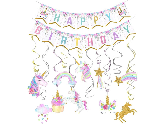 Unicorn Birthday Decorations, Rainbow Unicorn Party Supplies with Banner and Hanging Swirls for Girls Birthday Party