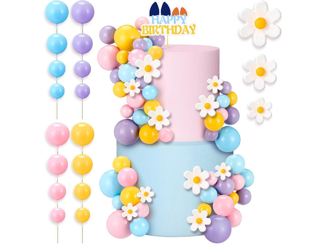 Threehoney 63 Pcs Blue Dog Cake Toppers with Balls Cake Picks and Daisy Flowers for Birthday Decoration Groovy Pastel Cupcake Inserts Hippie...