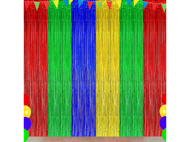Blue Red Green Yellow Party Decorations, Blue Red Green Yellow Foil Fringe Backdrops Streamer Tinsel Curtains for Graduation Boys Girls Birthday...