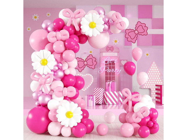 139pcs Pink Cartoon Cat Balloon Garland Arch Kit, Hot Pink White Long Balloons with 15inch Flower Foil Balloons for Cat Themed Birthday Baby Shower...