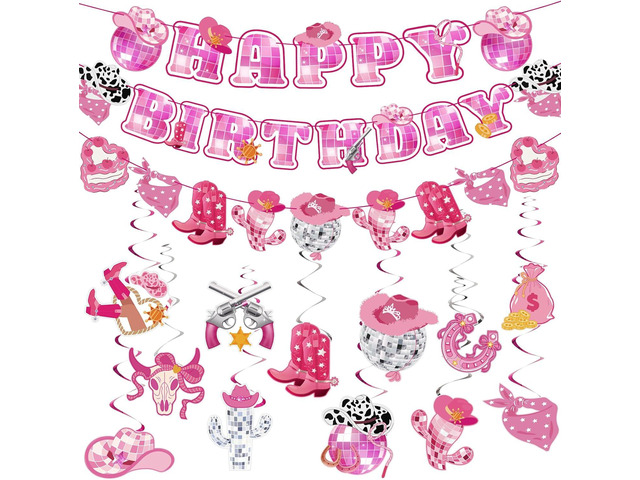 Disco Cowgirl Birthday Party Decorations, Pre-strung Happy Birthday Banners and 12 Hanging Swirls, Western Disco Theme Party Supplies for Girls,...